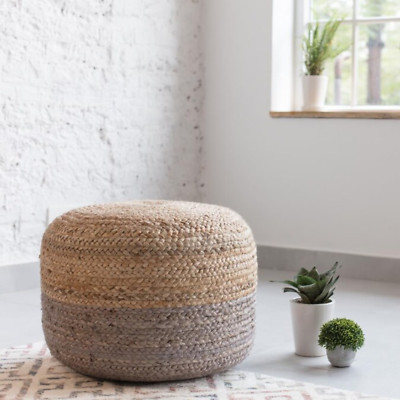 Round Ottoman Pouf Cover Home Decor Jute Braided Living Room Foot Stool Cover | eBay UK