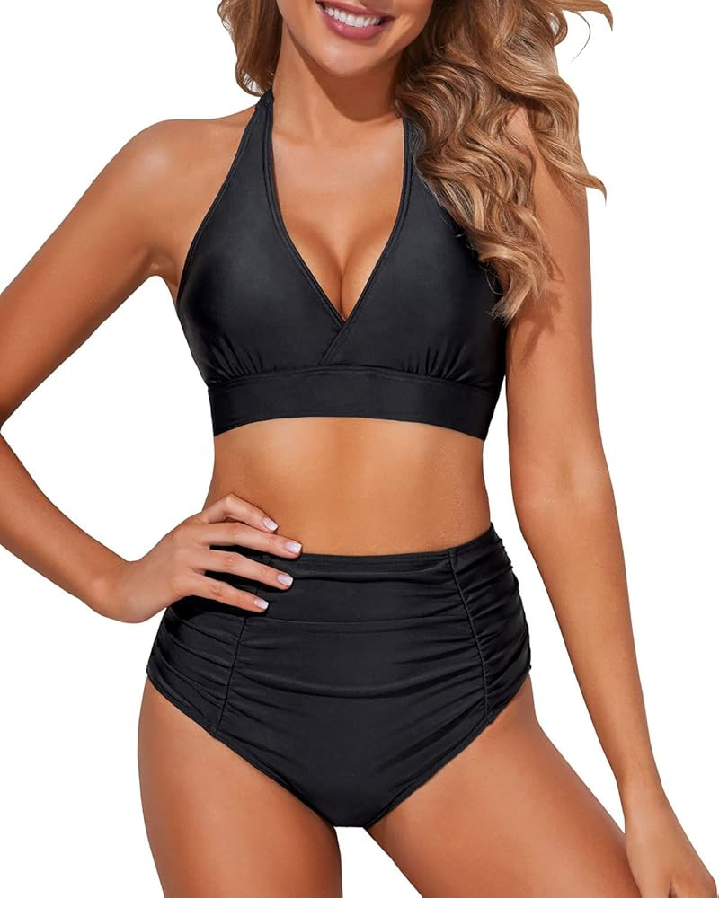 Tempt Me Women Two Piece High Waisted Bikini Set Swimsuits Push Up Halter Tummy Control Bottoms Bath | Amazon (US)