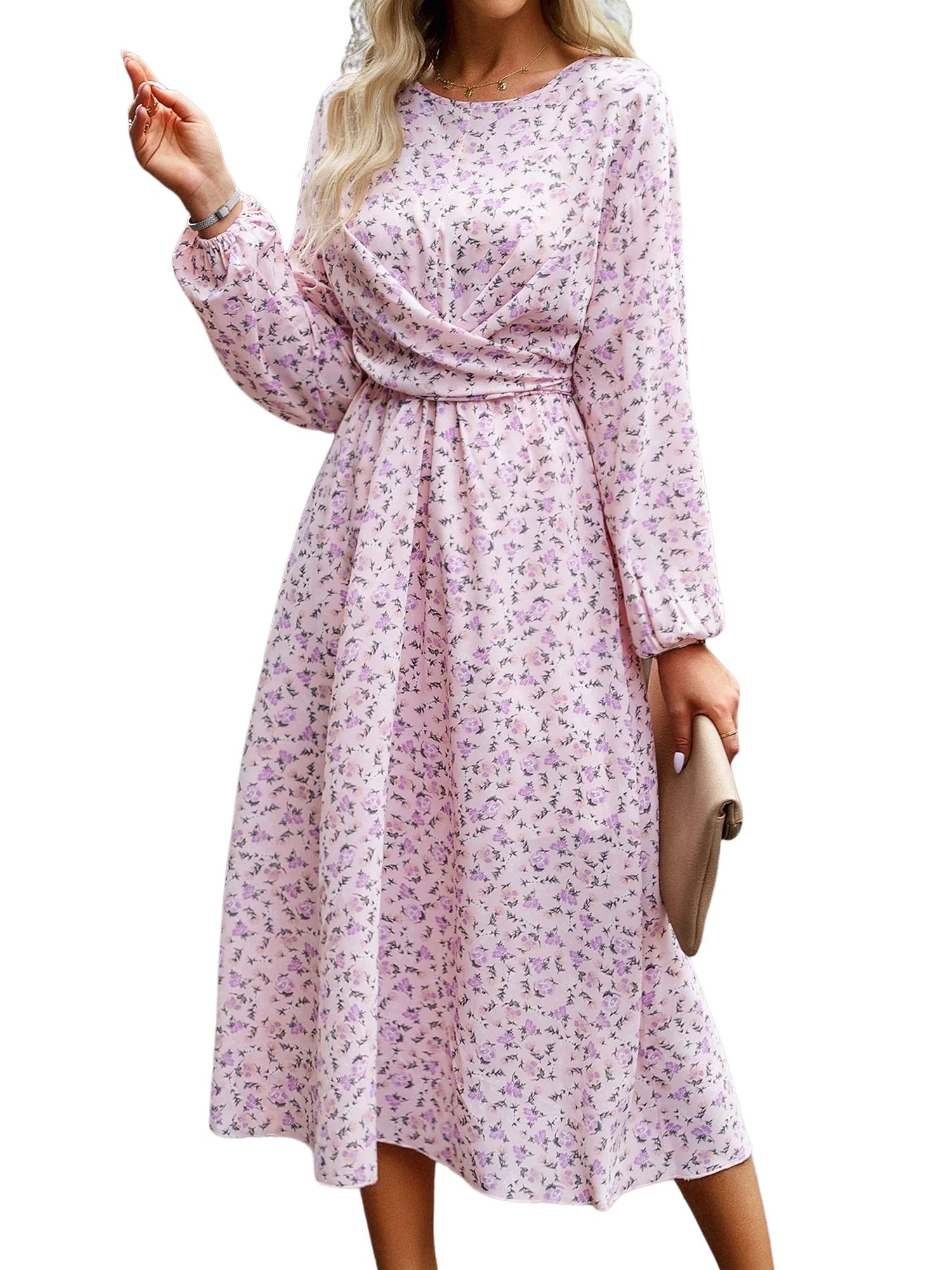 Hanerdun Women Floral Belted Dresses Female Long Sleeve A-Line Midi Party Casual Dress Pink S | Walmart (US)
