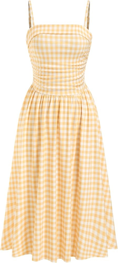 CIDER Women's Summer Gingham Midi Dress Sleeveless Ruched Plaid Dress Spaghetti Strap Dresses Casual Trendy | Amazon (US)