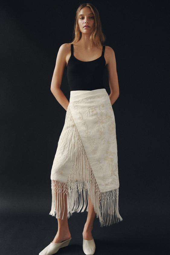 ZW COLLECTION 100% LINEN EMBROIDERED MIDI SKIRT | Zara US