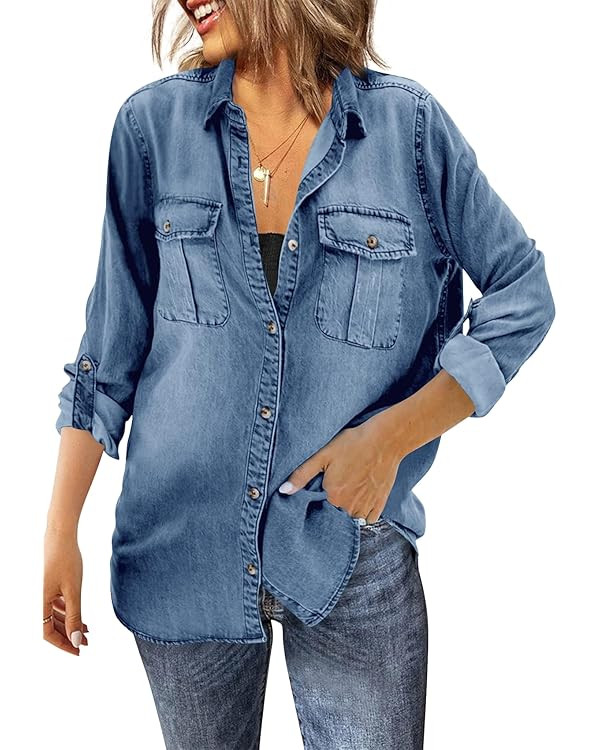 Runcati Womens Button Down Denim Shirt Long Sleeve Roll Up Casual Oversized Jean Shirt Jacket Dis... | Amazon (US)