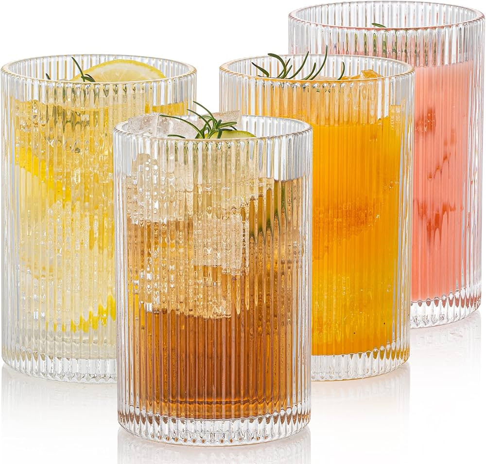 Vintage Ribbed Glassware Set: 4pcs 16.9oz XL Drinking Glasses, Fluted Ripple Drinkware, Origami S... | Amazon (US)