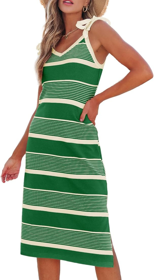 BLENCOT Womens Summer Dresses Sleeveless Casual Bow Tie Strap Long Spring Cute Knit Beach Striped... | Amazon (US)