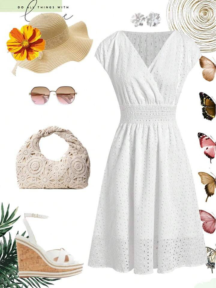 Ellevyn Women's White Boho Knee Length Dress With Embroidery, V Neck, And Cap Sleeves: A Chic And Comfortable Summer Choice | SHEIN
