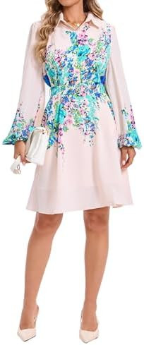 Women Long Sleeve Spring Button Down A-Line Floral Print Summer Cocktail Shirt Dresses with Belt | Amazon (US)