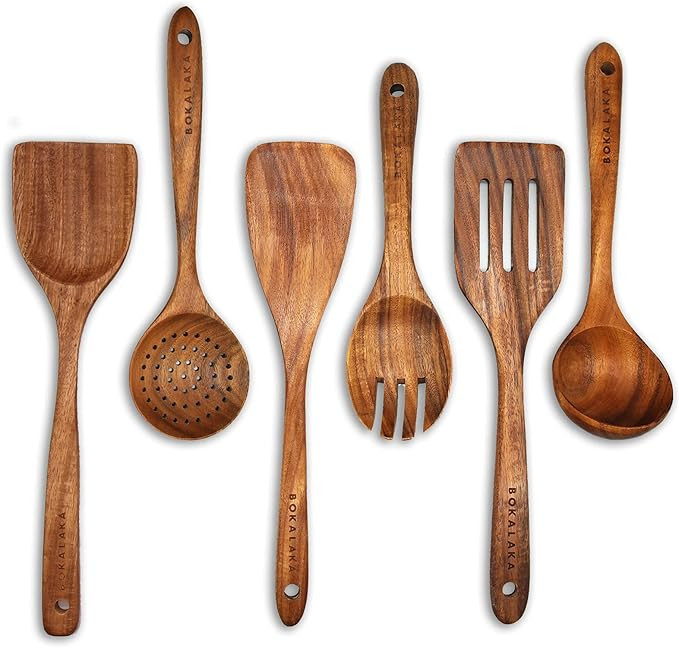 GreyWooden Kitchen Utensil Set, 6Pcs Wooden Cooking Utensils for Non-Stick Pan, 100% Natural Teak... | Amazon (US)