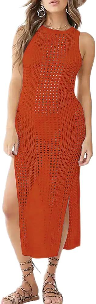 Bsubseach Crochet Cover Ups for Women Hollow Out Sleeveless Bikini Swimsuit Swimwear Side Split L... | Amazon (US)