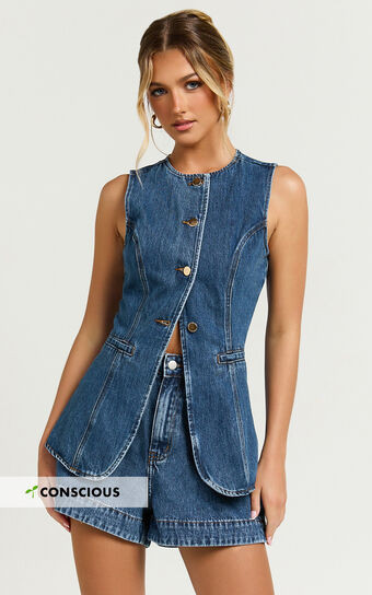 Rhianna Top - Button Down Longline Recycled Denim Vest Top in Dark Blue Wash | Showpo (US, UK & Europe)