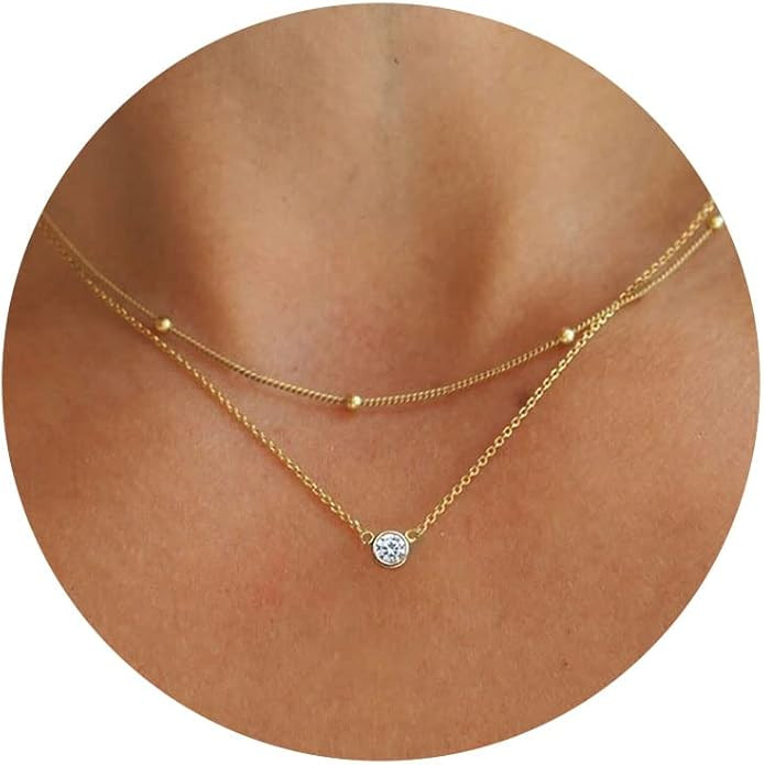 VRIUA Diamond Necklaces for Women, Dainty Gold Necklace 14K Gold Plated Layered Necklace Simple C... | Amazon (US)