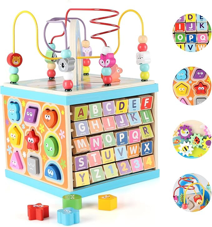 Qilay Wooden Activity Cube for Toddlers 1-3 (Large), 5 in 1 Multipurpose ABC-123 Abacus Bead Maze... | Amazon (US)