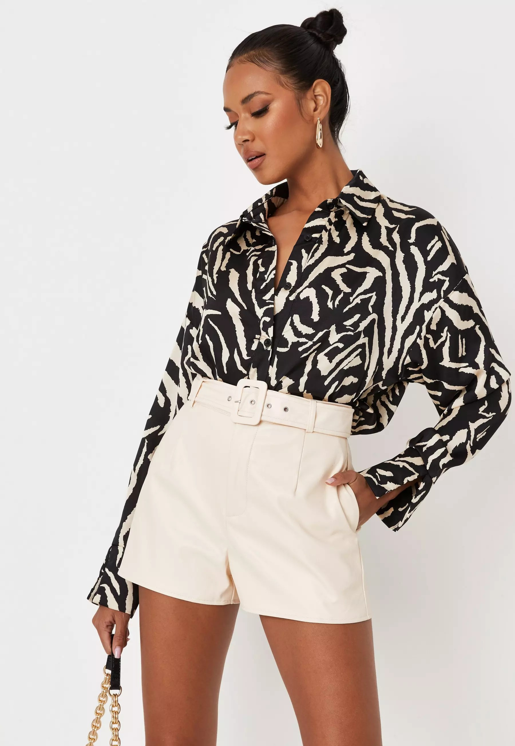 Cream Faux Leather Belted Shorts | Missguided (US & CA)