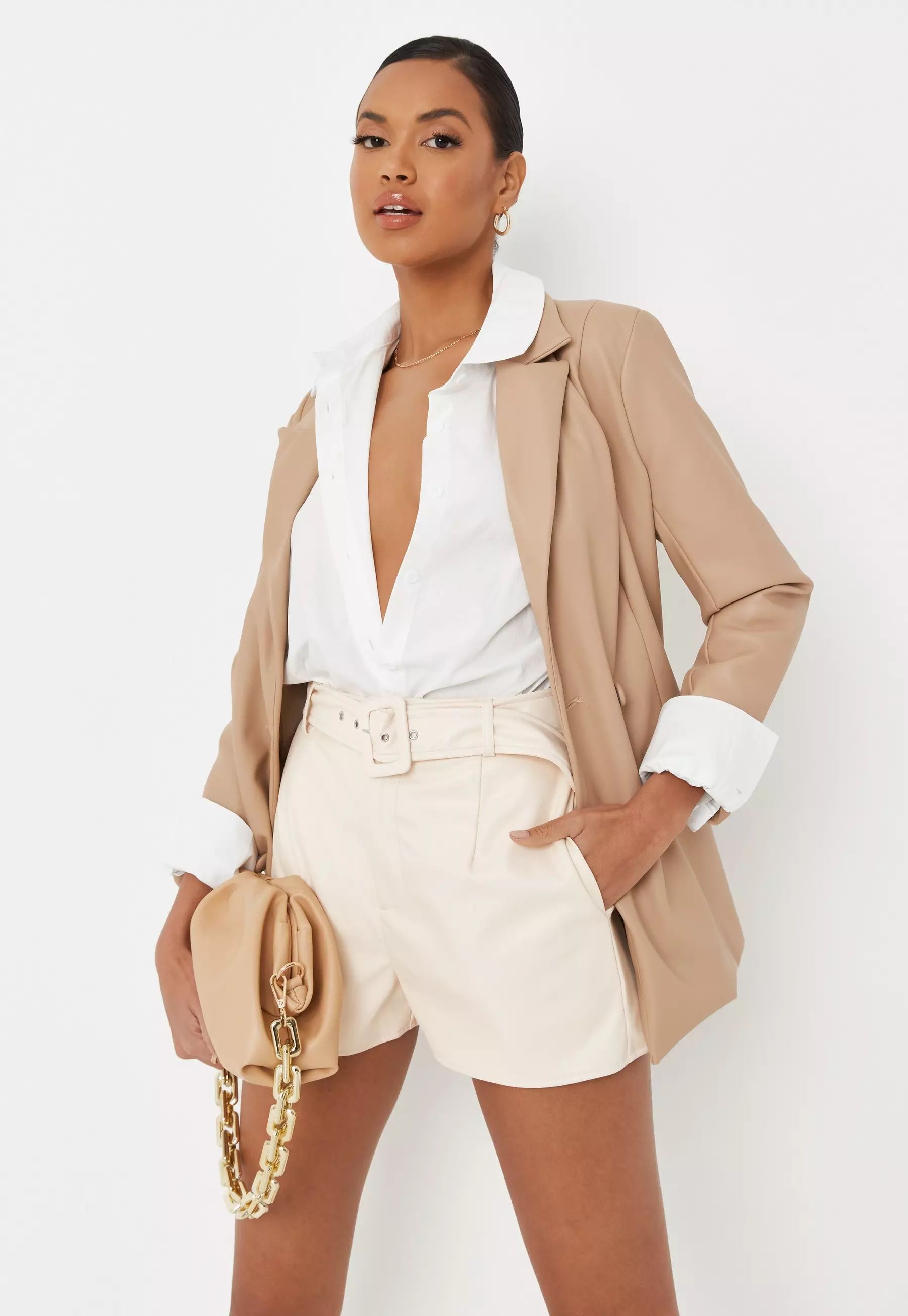 Cream Faux Leather Belted Shorts | Missguided (US & CA)