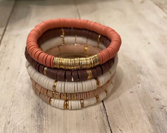 6mm Heishi Stretch Braclets with gold accent spacers/ gold plated/ stretch bracelets/ stacked bra... | Etsy (US)