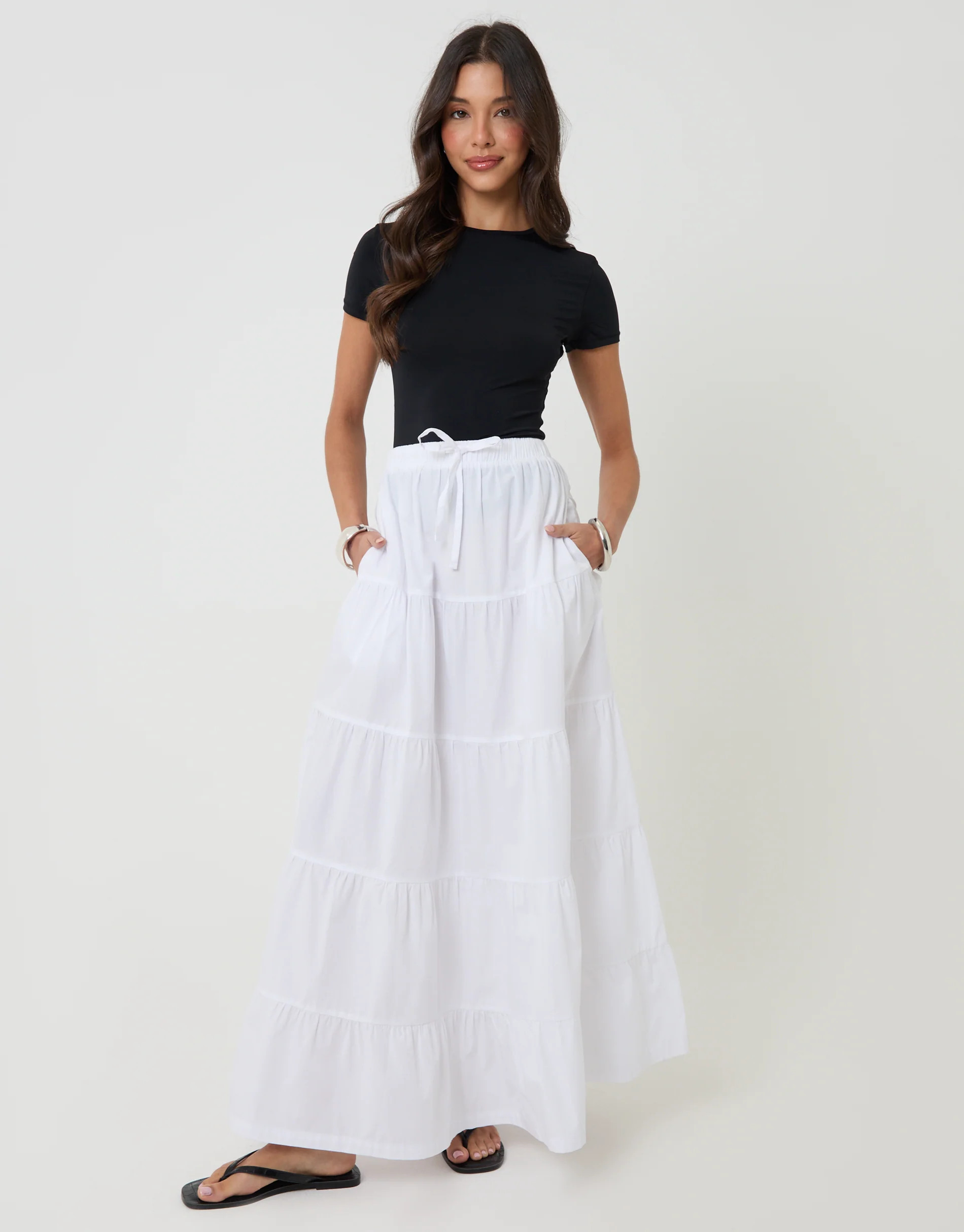 White Cotton Tiered Maxi Skirt | Threadbare
