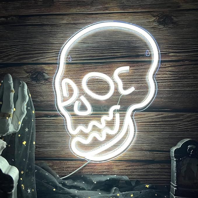 Amazon.com : Halloween Decoration Skull Neon Sign, White LED Skull Shape Neon Wall Light Signs De... | Amazon (US)
