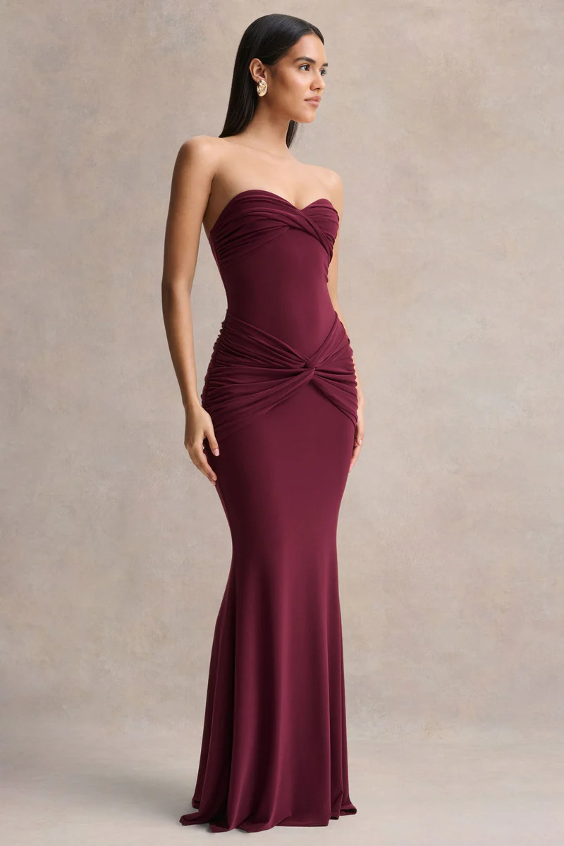 Elodia  Burgundy Bandeau Maxi Dress With Gathered-Detailing | Club L London