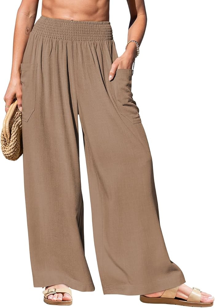 TARSE Women Linen Palazzo Pants Wide Leg Summer Boho High Waist Casual Lounge Pant Beach Travel V... | Amazon (US)