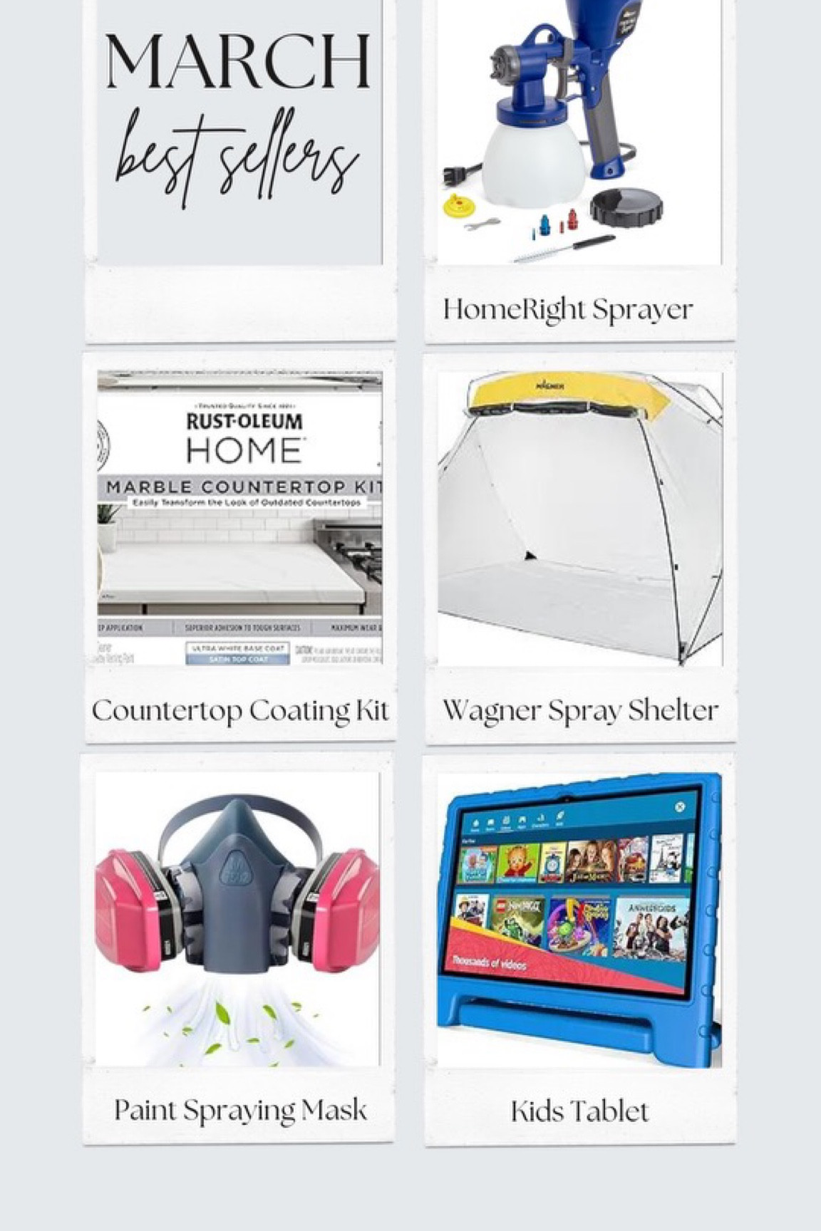 March Favorites! Discover my top 5 best sellers that everyone's loving this month! From handy gadgets to practical solutions, these are the products you don't want to miss. Shop now and see what all the hype is about! 

#MarchFavorites #BestSellers #TopPicks #HomeImprovement #DIYProjects #PaintingTools #SprayPainting #DIYHomeDecor #PaintingIdeas #HomeRenovation #SprayTent #PaintingSupplies #SafetyFirst #ProtectiveGear #FaceMask #KidsTablet #EducationalToys #TechForKids #ParentingEssentials

#LTKhome #LTKsalealert