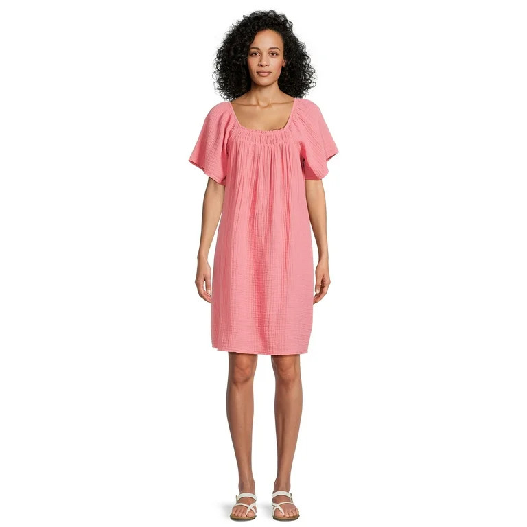 Time and True Short Sleeve Mini Double Cloth Dress | Walmart (US)