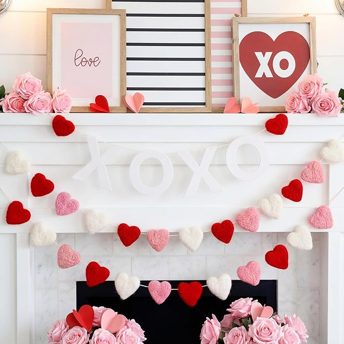 3 Pcs Valentine's Day Garland for Mantle Heart Shaped Felt Ball Garland Ornament Red Pink White P... | Amazon (US)
