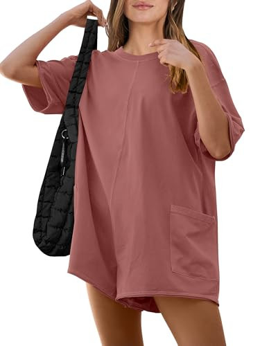 ANRABESS Women Summer Oversized T-Shirt Tee Romper Casual Baggy Short Sleeve Overall Athletic Workout Jumpsuit Trendy Outfits Brick Red Large | Amazon (US)