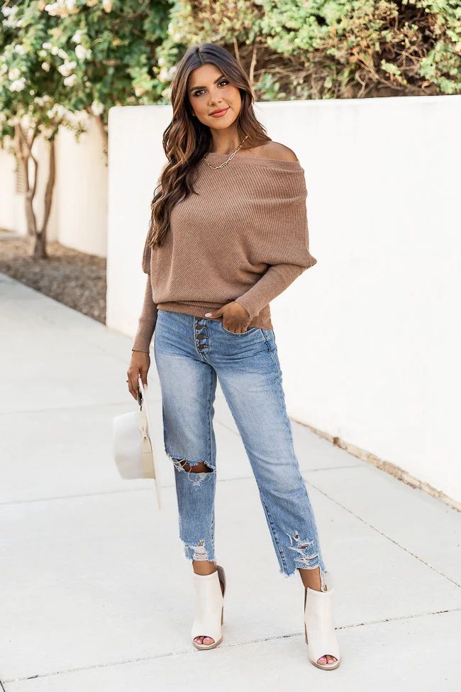 Feeling Your Best Brown Off The Shoulder Ribbed Sweater | Pink Lily