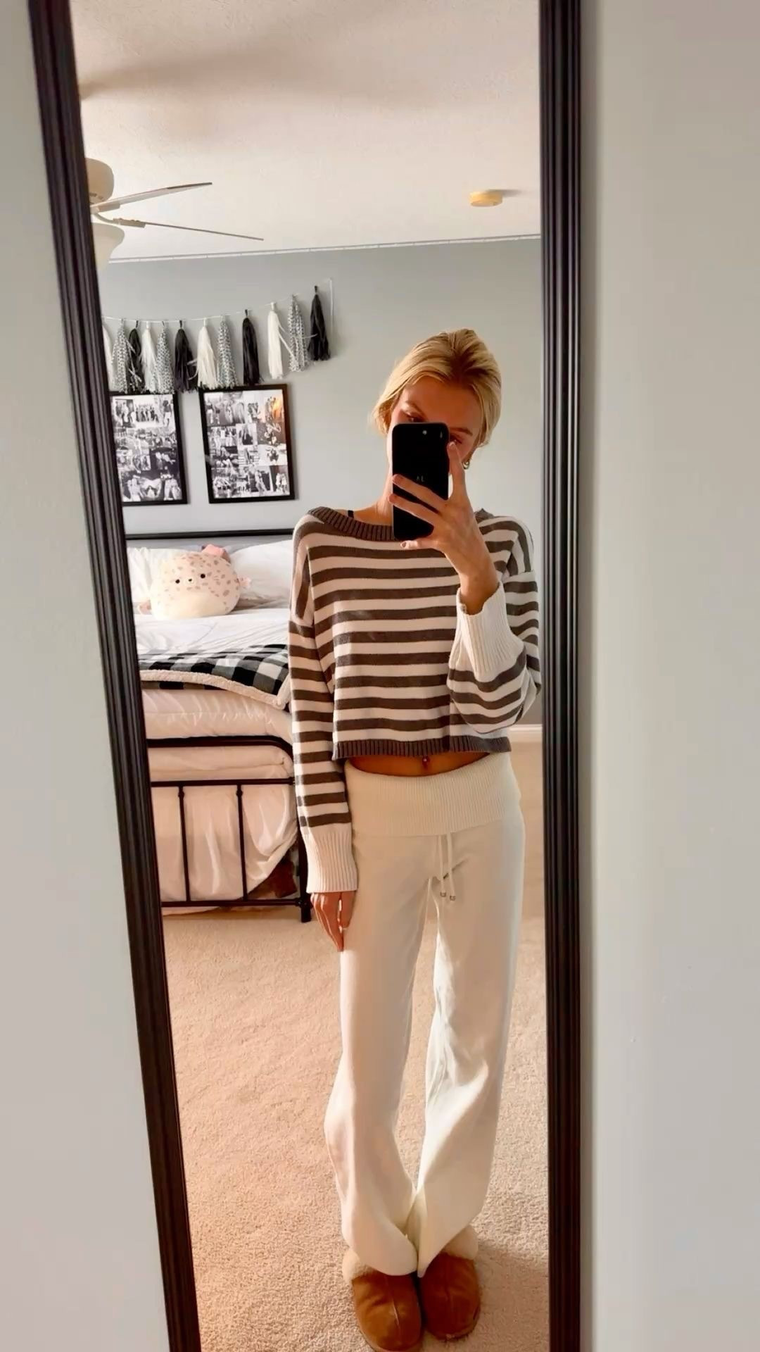 Ediktd striped off shoulder grey and white sweater with frankies bikinis foldover pants & uggs

#LTKmorningroutine #LTKootd #LTKHome