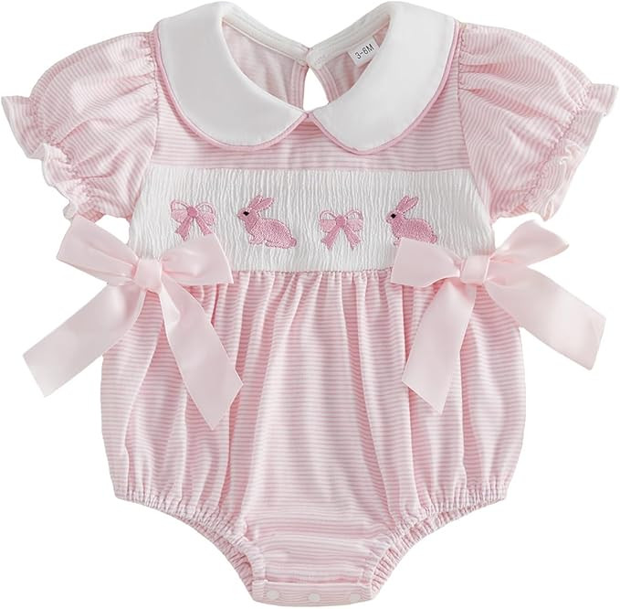 Adobabirl My First Easter Baby Girl Outfit Bunny Embroidery Bubble Romper Short Sleeve Bow Jumpsu... | Amazon (US)