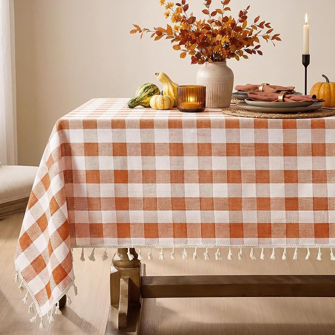 Softalker Fall Gingham Rectangle Tablecloth with Tassel, Orange, 55" x 84" | Amazon (US)