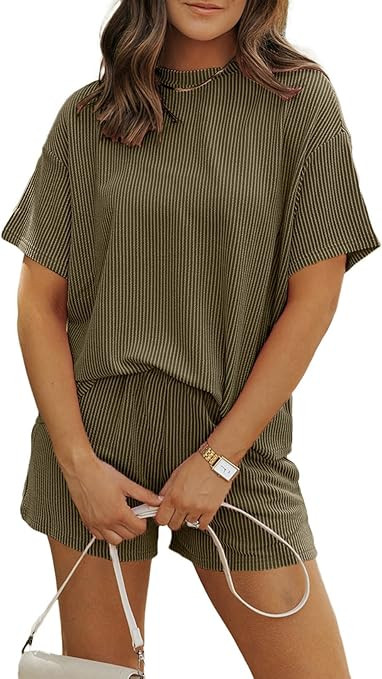 MARZXIN Women's 2 Piece Outfits Summer Tracksuit Ribbed Textured Knit Loose Lounge Shorts Set Sho... | Amazon (US)