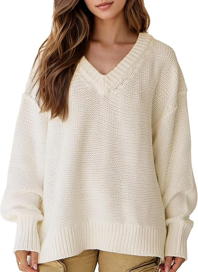 Women Oversized Sweater Fall Alli V Neck Sweaters Long Sleeve Off The Shoulder Shirts 2024 Tops C... | Amazon (US)