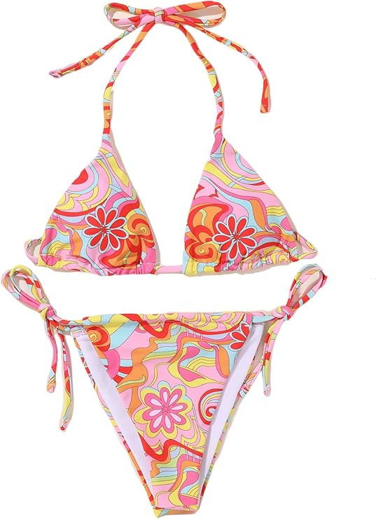 Romwe Women's Allover Floral Print String Triangle Halter 2 Piece Bikini Swimsuit Beachwear | Amazon (US)