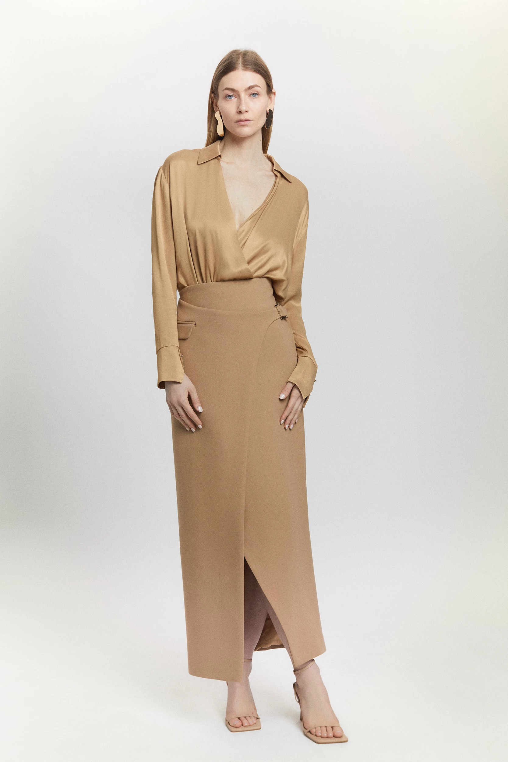 Compact Stretch Wrap Midaxi Skirt | Karen Millen UK + IE + DE + NL