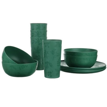 Mainstays 12-Piece Plastic Etched Holly Dinnerware Set, Green | Walmart (US)