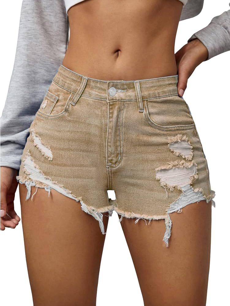 Verdusa Women's Ripped Distressed Skinny Denim Shorts | Amazon (US)