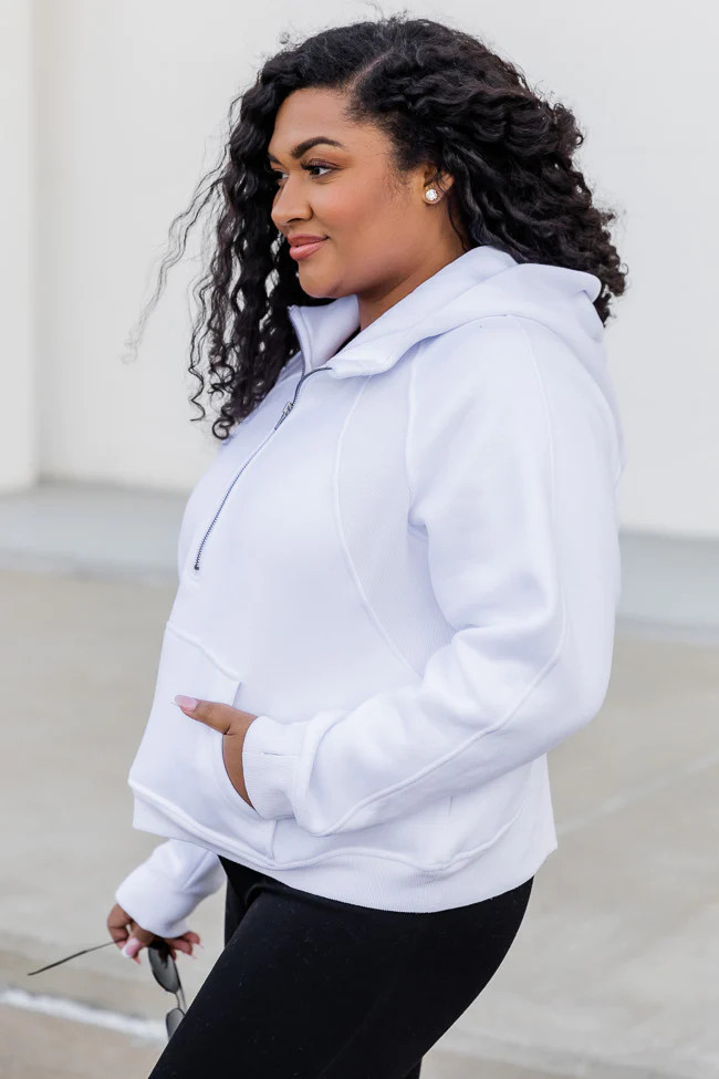 Making It Look Easy White Ribbed Shoulder Quarter Zip Pullover | Pink Lily