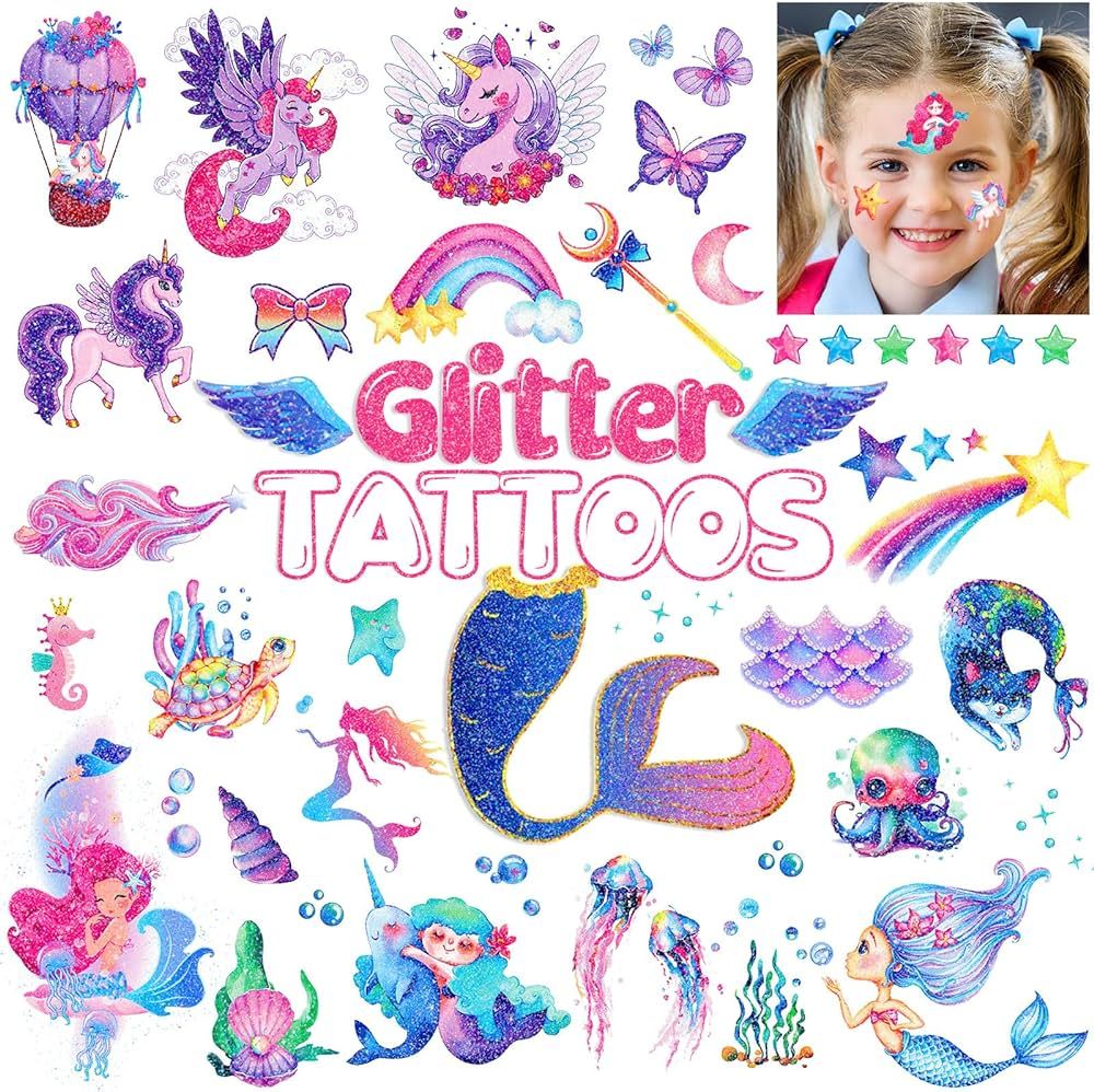 Sixberry Glitter Kids Temporary Tattoos for Girls, 12 Sheets Mermaid Unicorn Rainbow Butterfly Wa... | Amazon (US)