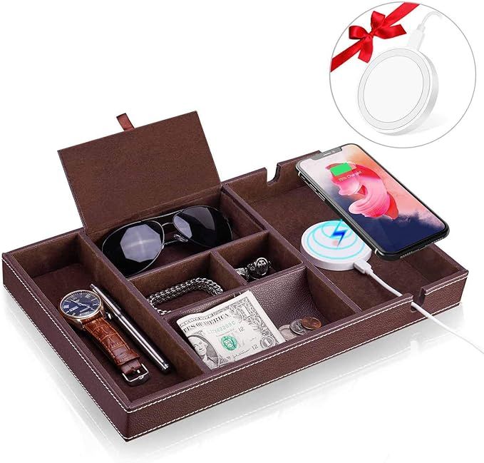 Valet Tray , Dresser Top Organizer with Wireless Charging Pad,Nightstand Organizer,Leather Mens V... | Amazon (US)