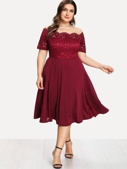 SHEIN Plus Guipure Lace Bodice Off Shoulder Dress | SHEIN