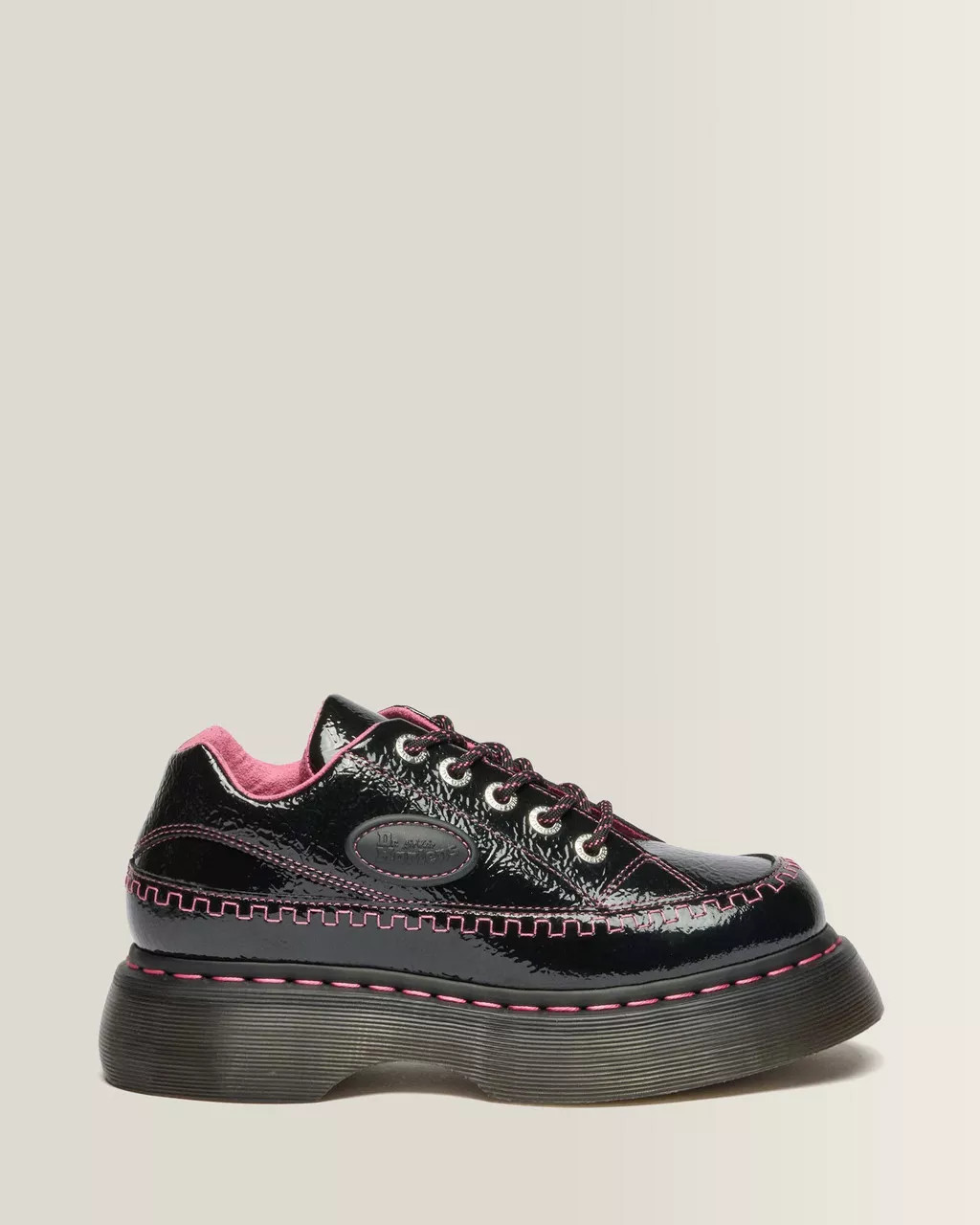 Buzz 5-Eye Distressed Patent Leather Shoes in Black | Dr. Martens | Dr. Martens
