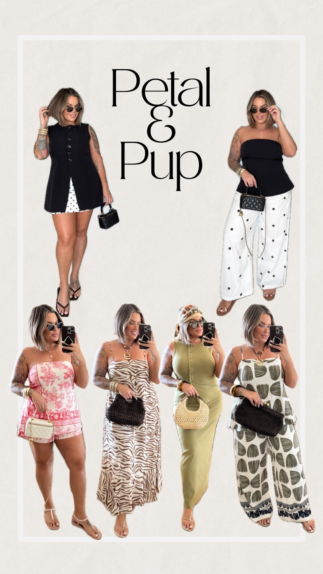 @petalandpup #ad VACATION OUTFITS
 Use code shayna20 to save $ 

Anything not linked is no longer available so linked similar 
Strapless Bra XL 
Vest top xl ( size up if you have larger chest ) 
Polka dot skirt L 
Polka dot pants L 
Black top L 
Rose set L 
Zebra dress L 
Green set xl 
Pants set xl 