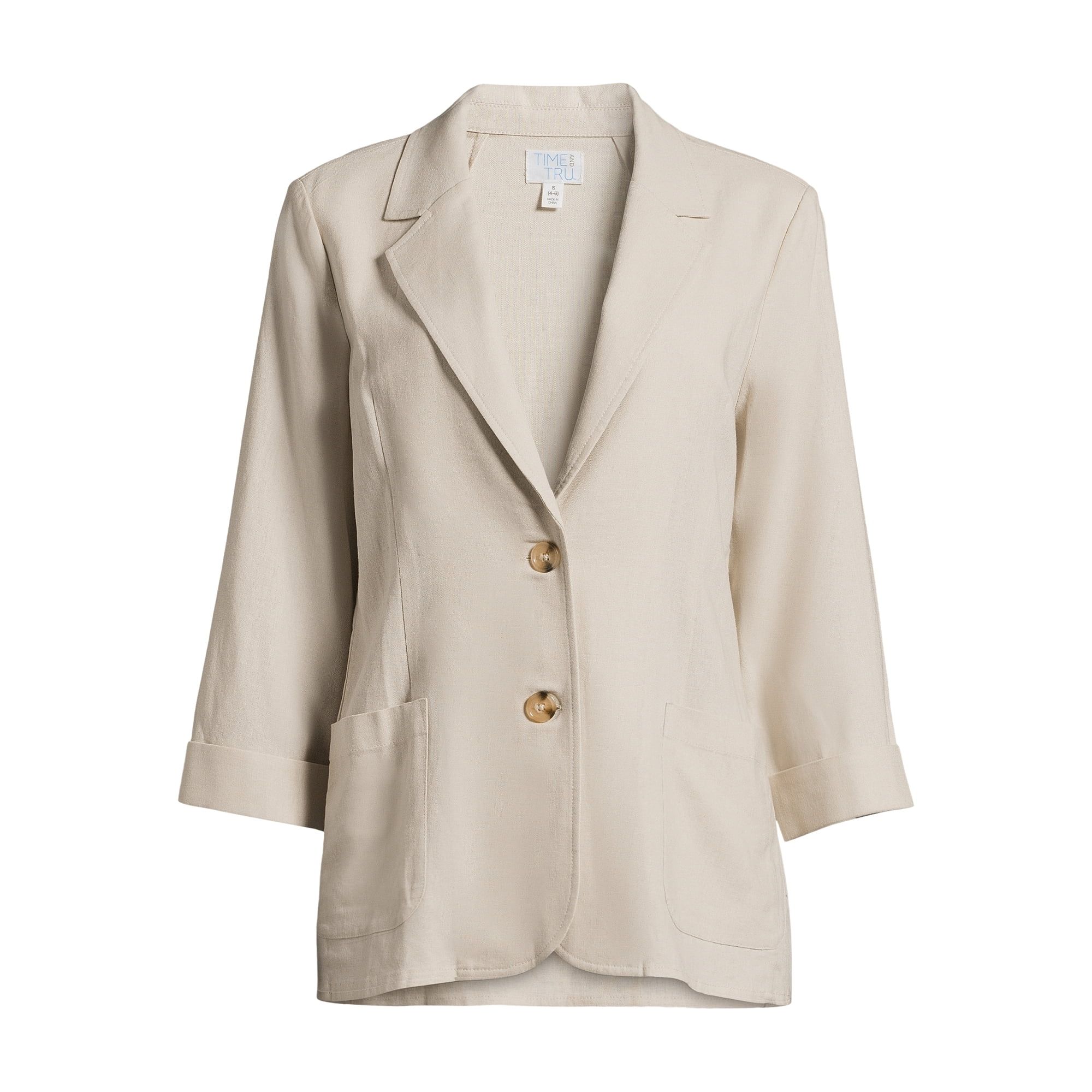 Time and Tru Women’s Linen-Blend Button Front Blazer with Patch Pockets, Sizes S-XXXL - Walmart... | Walmart (US)