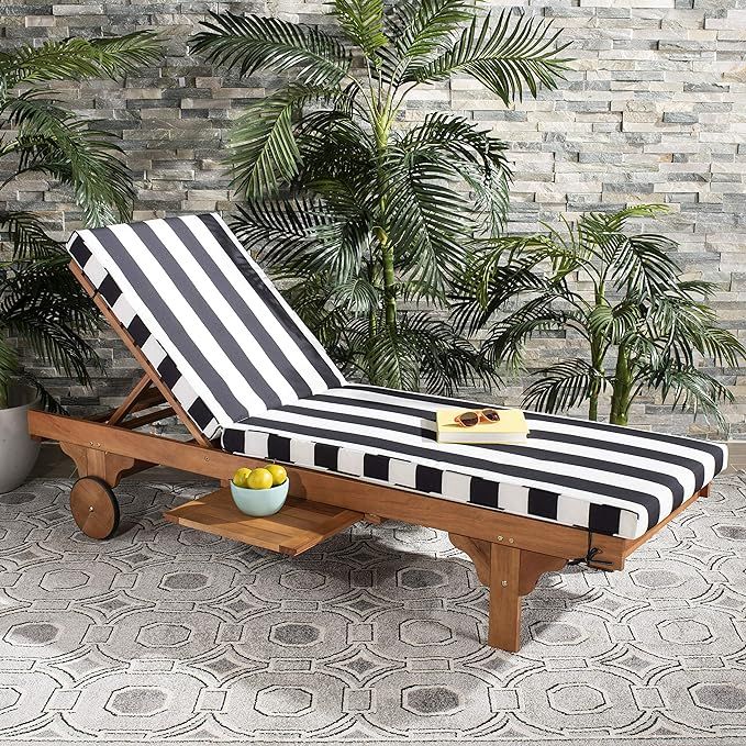 SAFAVIEH Outdoor Collection Newport Natural/ Black & White Stripe Cushion Built-in Side Table Adj... | Amazon (US)