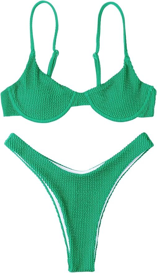 MakeMeChic Women's 2 Piece Bathing Suits Solid High Cut Bikini Set Underwire Swimsuits Green L | Amazon (US)