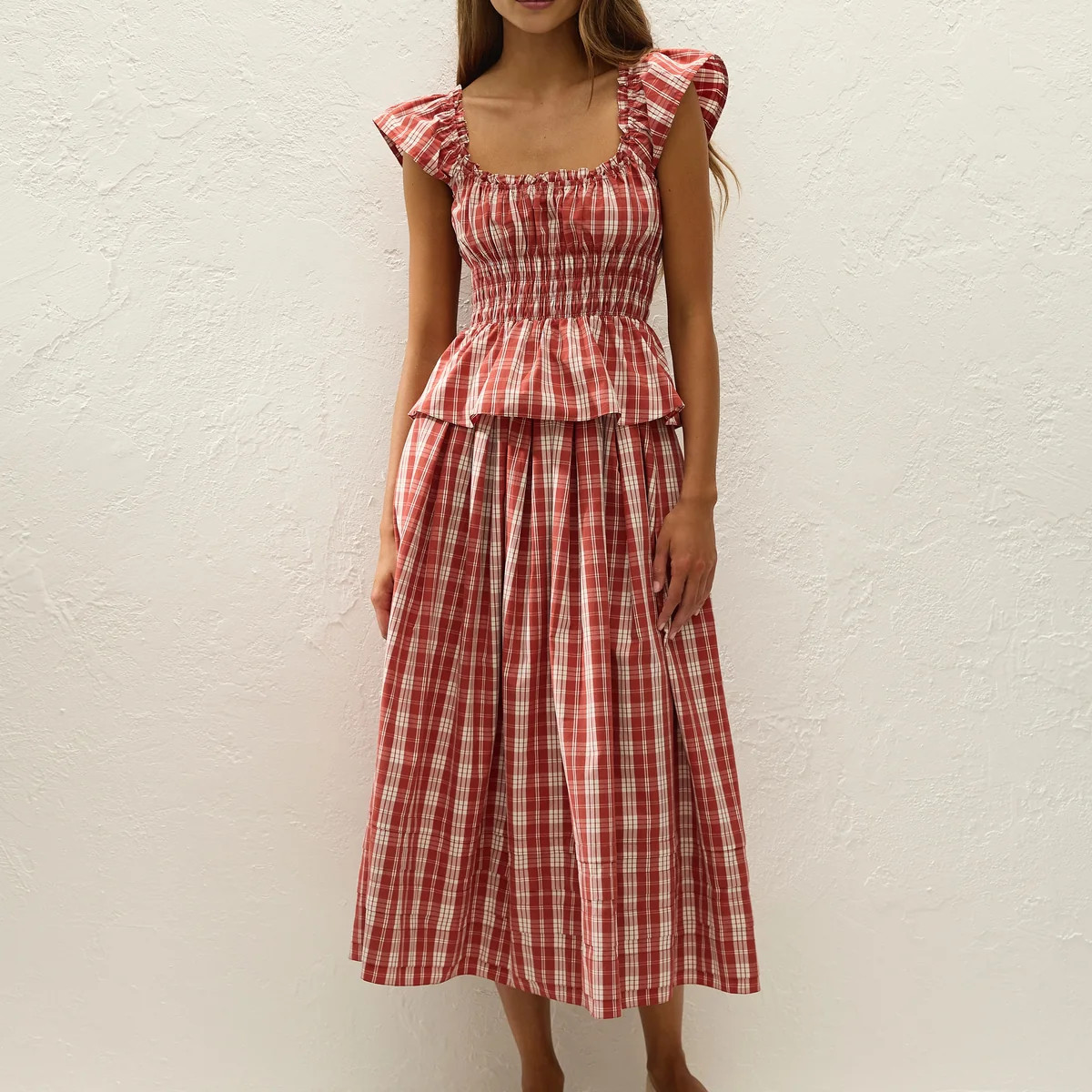Cales Skirt Ines Check Terra Rosso | Faithfull (AU)