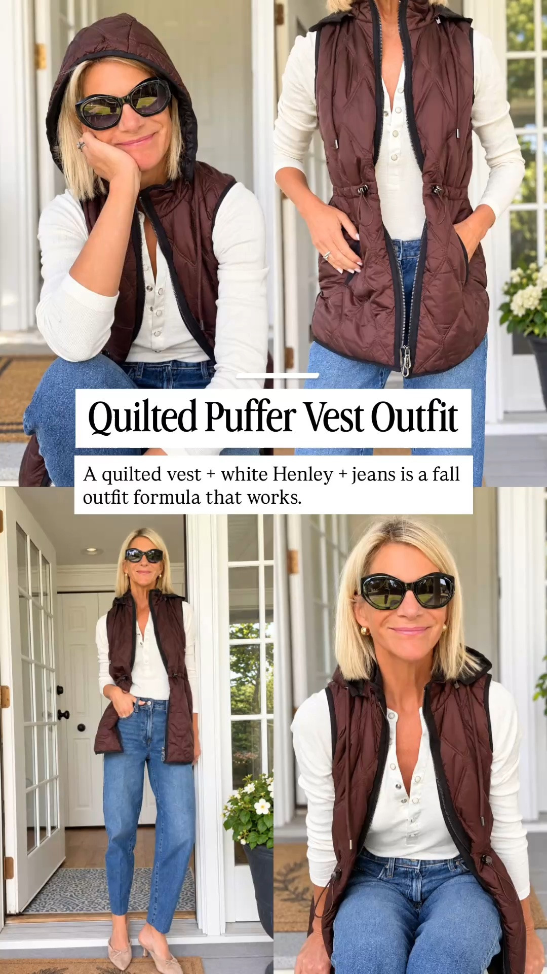 This quilted puffer vest is such a great fall layer! I love that you can wear it zipped or open, cinch the waist for more shape, or pop up the hood when you want a little extra coverage. Paired with a white Henley and jeans, it’s an easy outfit for errands, weekends, or casual days.

👩‍💻 LTK PRO TIPS
❤️ Heart = Support my posts ;-)
🔖 Save = Get sale & restock alerts for the things you love!
📋 Lists = Keep favorites organized (List ideas: Christmas, Birthdays, and Vacations!)
📲 Share = Send lists and products to a friend (or your daughters like me).
💬 Comment = Ask me anything, and I’ll answer. ;-)