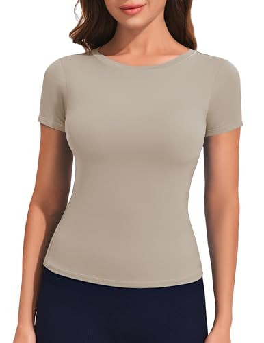 PINSPARK Workout Tops for Women Crew Neck Short Sleeve T Shirts Double Lined Slim Fit Stretch Ath... | Amazon (US)