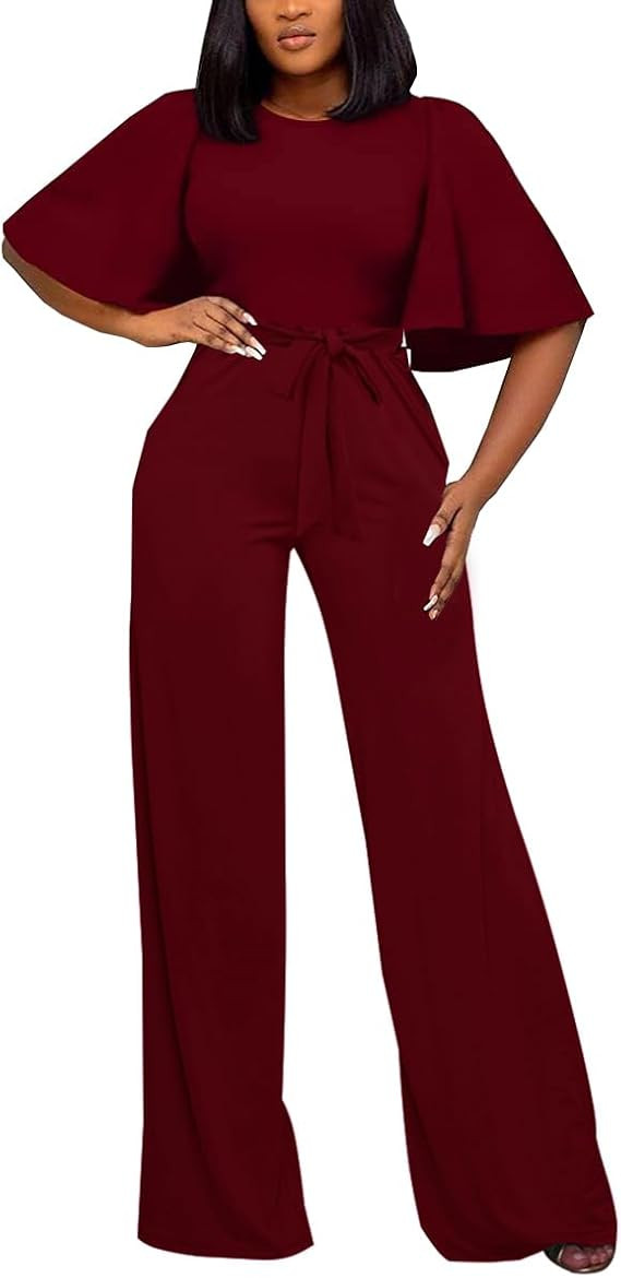 BessCops Womens Loose Short Sleeve Belted Wide Leg Pant Romper Jumpsuit Casual Business One Piece... | Amazon (US)