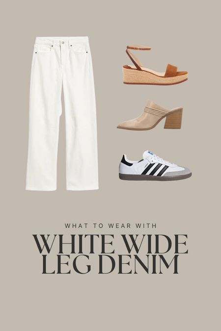 These are the best type of shoes in my opinion to wear with wide leg pants - wedges/platform sandals, mules with a small heel or sneakers as long as the pants are not too long. ✨ These are my favorite wide leg denim. Comes in multiple washes. Fits true to size  

#LTKstyletip #LTKSeasonal #LTKsalealert